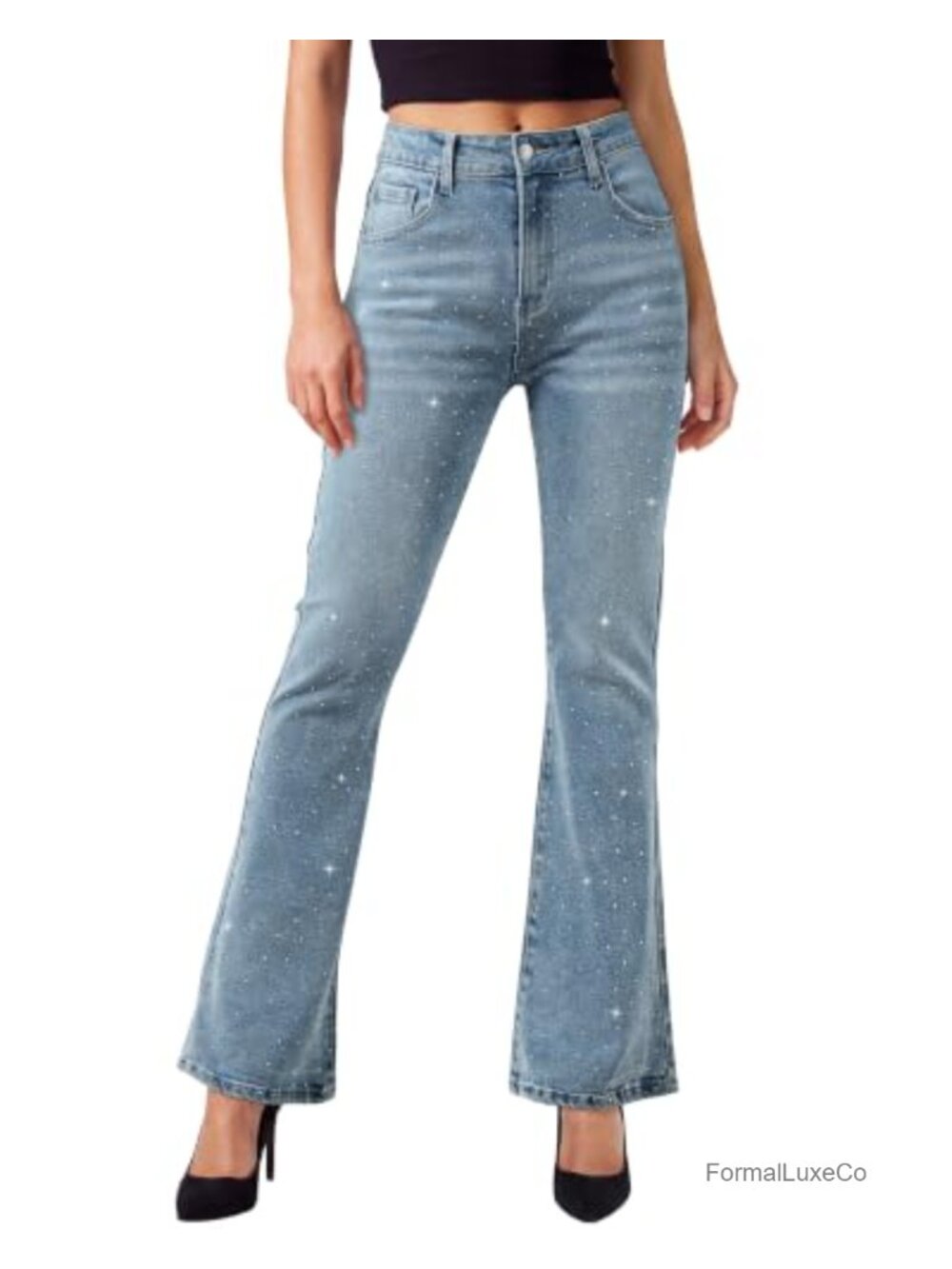 High Rise Flare Jeans Rhinestone Stretchy Denim Pants Patch Pockets Women